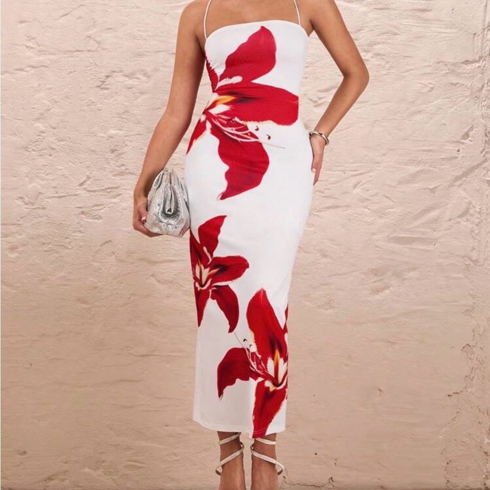 SHEIN White and Red Floral Midi Dress
